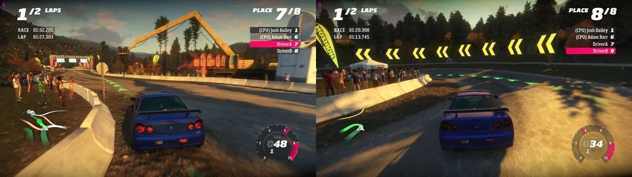 Two players racing a Co-op Festival event against CPU drivers, each on their own screen