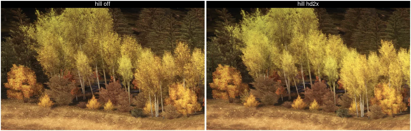 Trees on a hillside: original textures beside a 2x HD pack