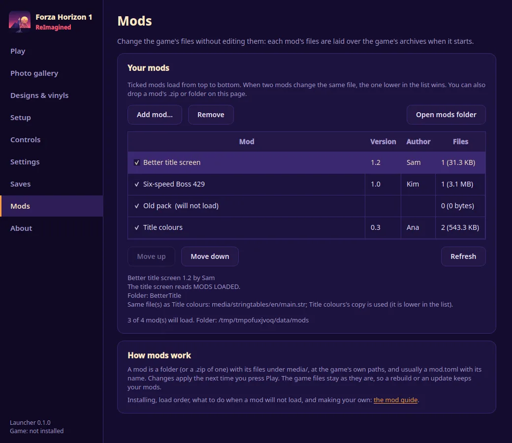 The launcher's Mods page listing four mods