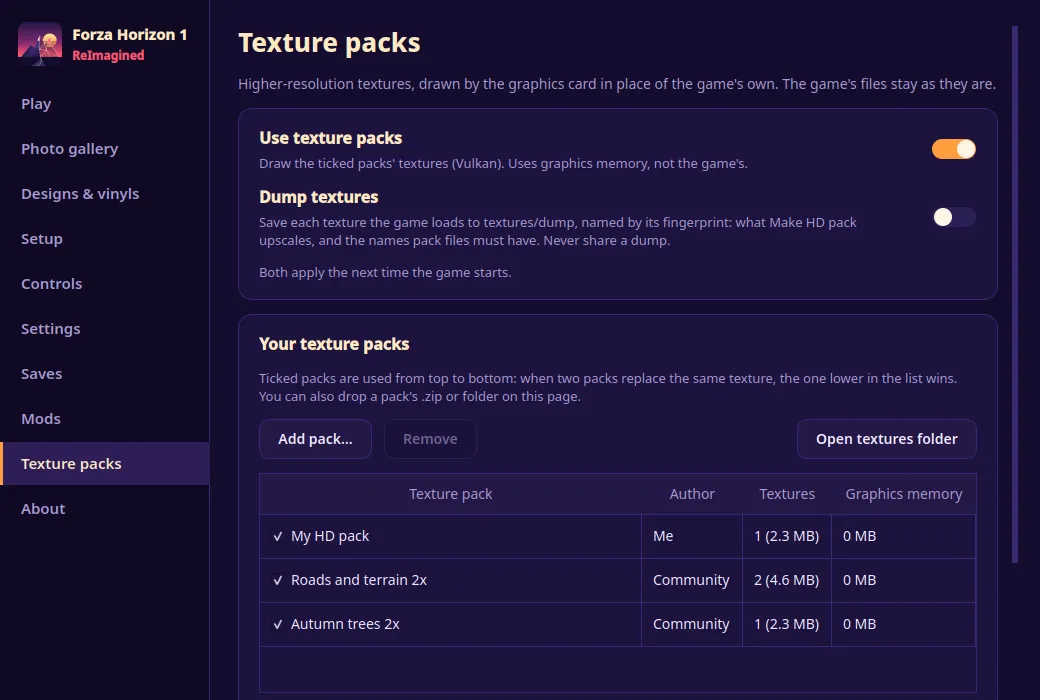 The launcher's Texture packs page with three packs