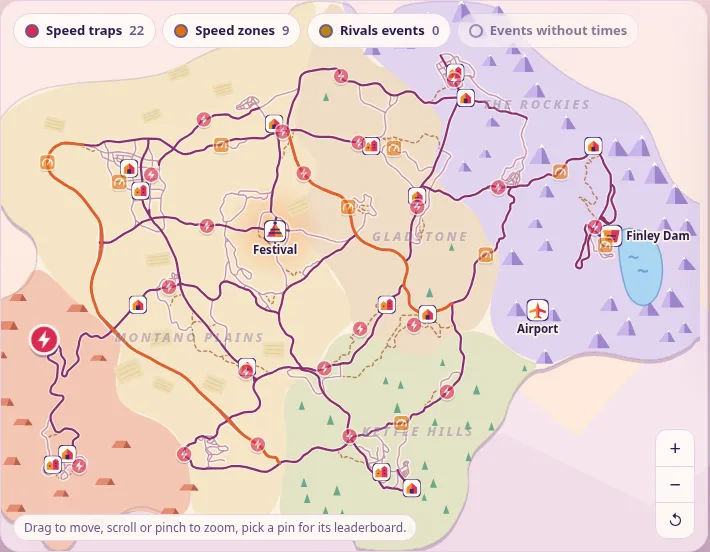 The leaderboards map of Colorado with speed trap pins