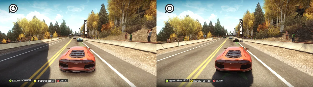 A race scene drawn at 540p (left) beside the same scene at 720p (right)